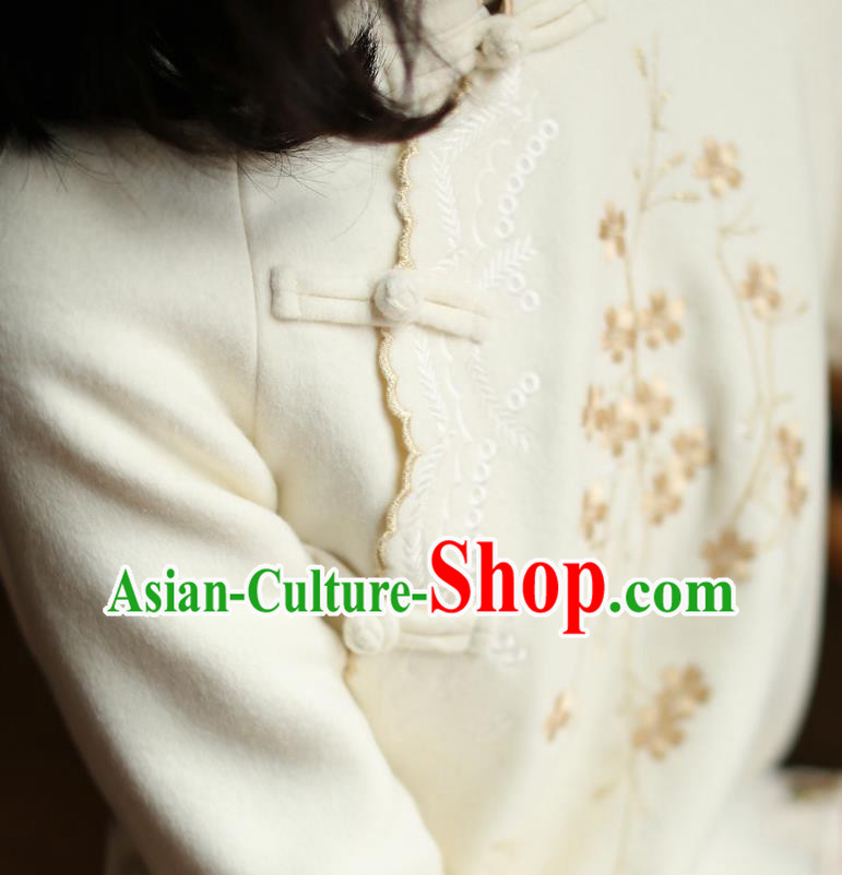 China Embroidered Beige Woolen Cheongsam Costume Traditional New Year Qipao Dress China Embroidered Beige Woolen Cheongsam Costume Traditional New Year Qipao Dress