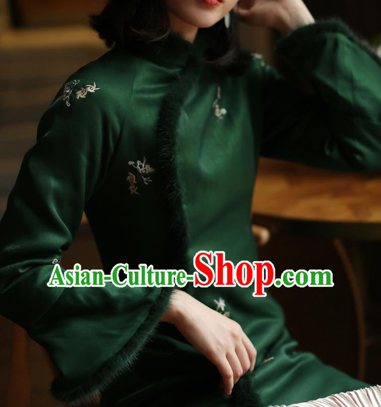 China Winter Cotton Wadded Cheongsam Costume Traditional Shanghai Green Silk Qipao Dress China Winter Cotton Wadded Cheongsam Costume Traditional Shanghai Green Silk Qipao Dress