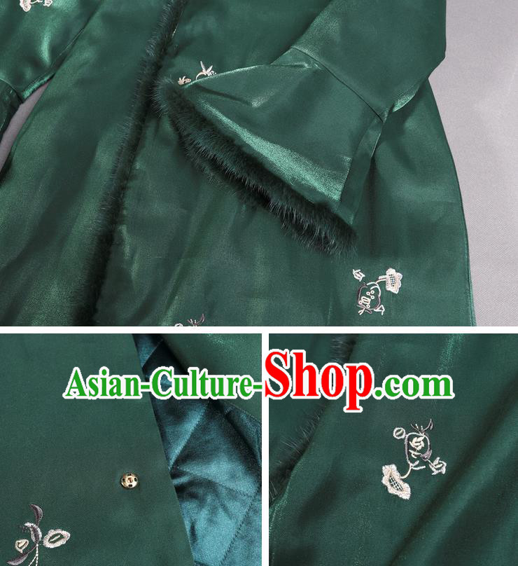 China Winter Cotton Wadded Cheongsam Costume Traditional Shanghai Green Silk Qipao Dress China Winter Cotton Wadded Cheongsam Costume Traditional Shanghai Green Silk Qipao Dress