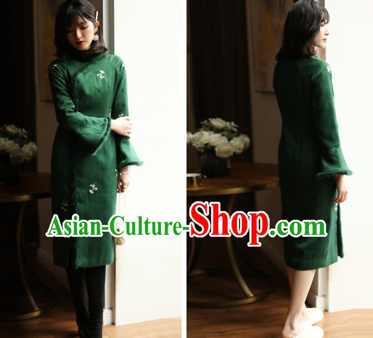 China Winter Cotton Wadded Cheongsam Costume Traditional Shanghai Green Silk Qipao Dress China Winter Cotton Wadded Cheongsam Costume Traditional Shanghai Green Silk Qipao Dress