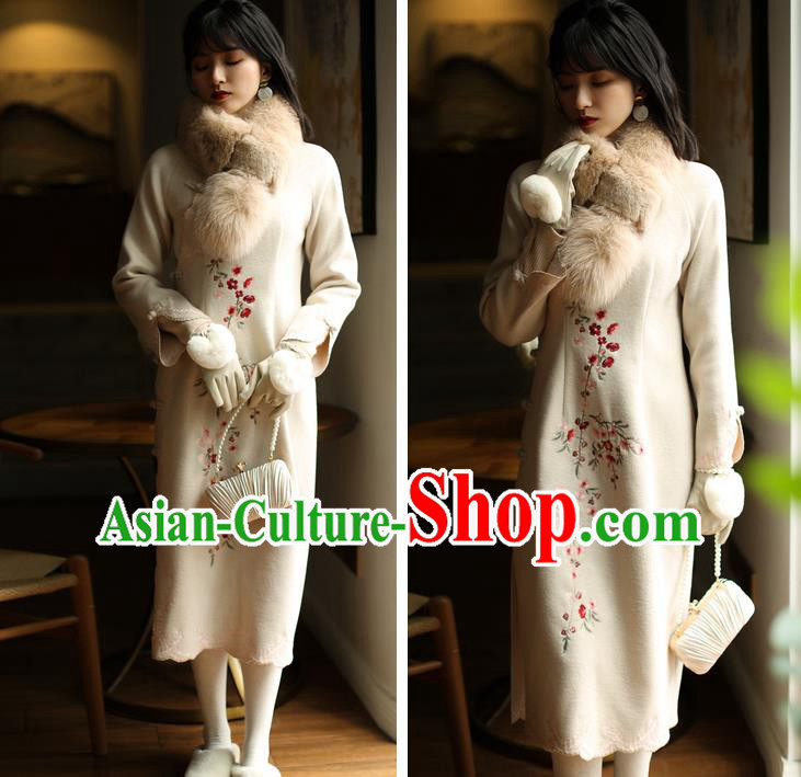 China Winter Embroidered Beige Woolen Cheongsam Costume Traditional Young Woman Stand Collar Qipao Dress China Winter Embroidered Beige Woolen Cheongsam Costume Traditional Young Woman Stand Collar Qipao Dress
