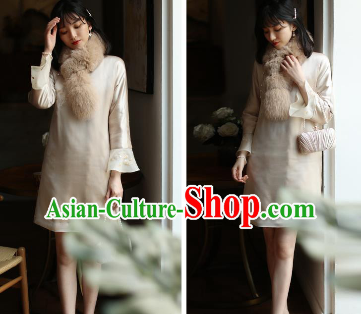 China Winter Cheongsam Costume Traditional Young Woman Embroidered Beige Organdy Qipao Dress China Winter Cheongsam Costume Traditional Young Woman Embroidered Beige Organdy Qipao Dress