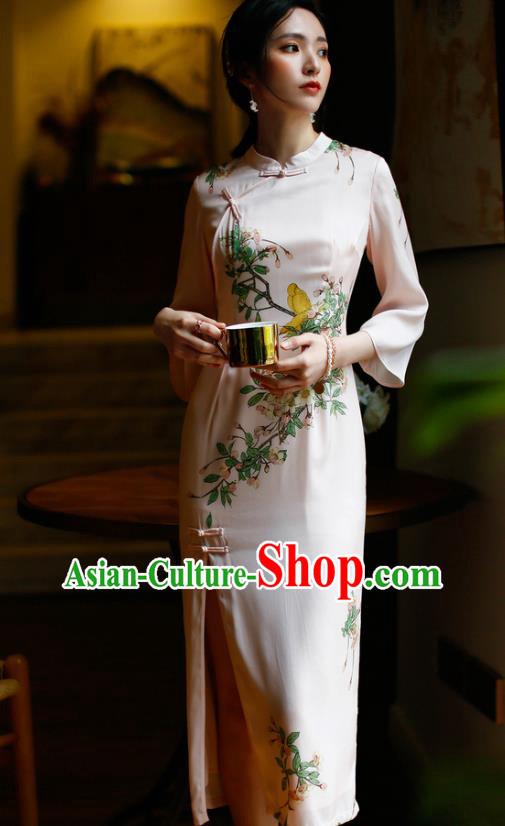 China Modern Dance Cheongsam Costume Traditional Young Woman Printing Pink Silk Qipao Dress China Modern Dance Cheongsam Costume Traditional Young Woman Printing Pink Silk Qipao Dress