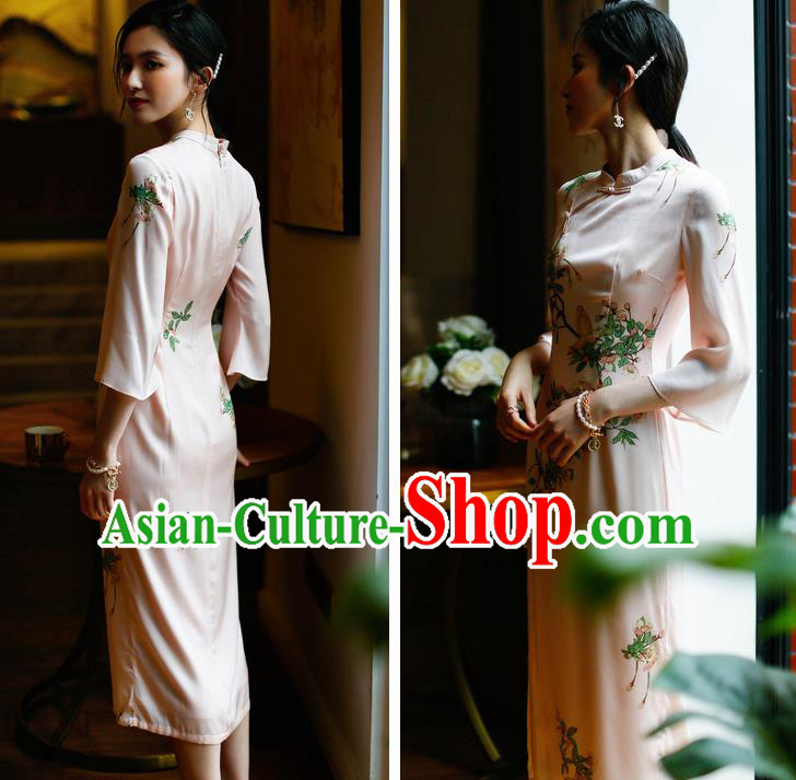 China Modern Dance Cheongsam Costume Traditional Young Woman Printing Pink Silk Qipao Dress China Modern Dance Cheongsam Costume Traditional Young Woman Printing Pink Silk Qipao Dress