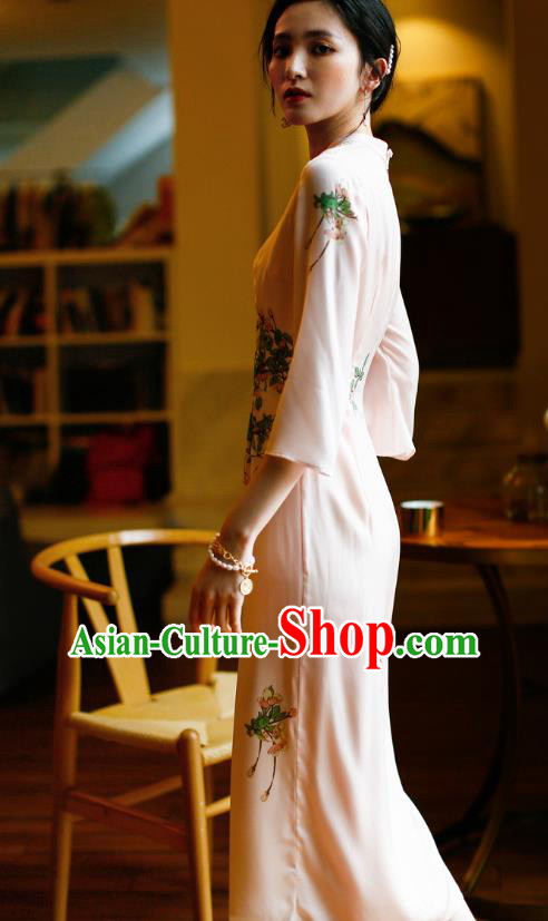 China Modern Dance Cheongsam Costume Traditional Young Woman Printing Pink Silk Qipao Dress China Modern Dance Cheongsam Costume Traditional Young Woman Printing Pink Silk Qipao Dress