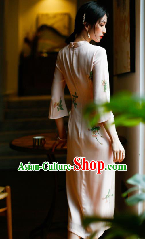 China Modern Dance Cheongsam Costume Traditional Young Woman Printing Pink Silk Qipao Dress China Modern Dance Cheongsam Costume Traditional Young Woman Printing Pink Silk Qipao Dress