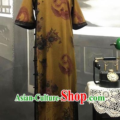 Republic of China Printing Phoenix Cheongsam Costume Traditional Minguo Ginger Gambiered Guangdong Gauze Qipao Dress