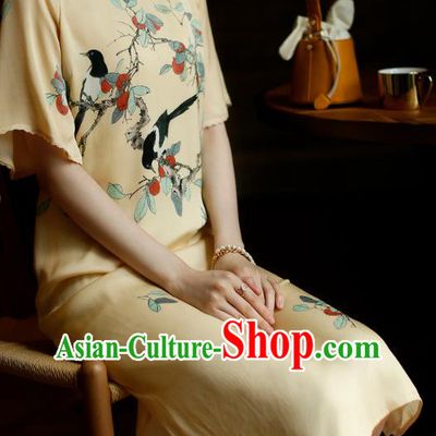 China Young Woman Modern Dance Cheongsam Costume Traditional Printing Yellow Silk Qipao Dress