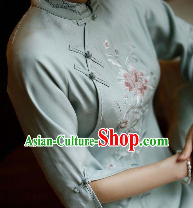 China Classical Cheongsam Costume Traditional Embroidered Light Green Qipao Dress China Classical Cheongsam Costume Traditional Embroidered Light Green Qipao Dress