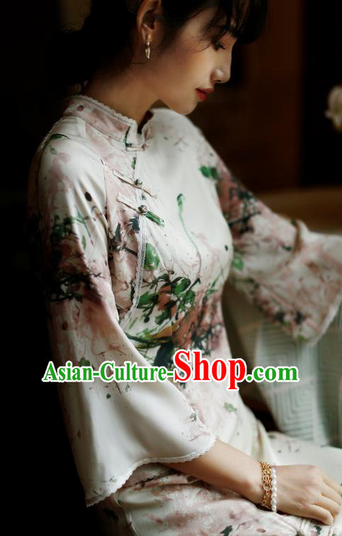 China Classical Printing Silk Cheongsam Costume Traditional Young Lady Qipao Dress China Classical Printing Silk Cheongsam Costume Traditional Young Lady Qipao Dress