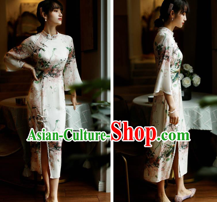 China Classical Printing Silk Cheongsam Costume Traditional Young Lady Qipao Dress China Classical Printing Silk Cheongsam Costume Traditional Young Lady Qipao Dress