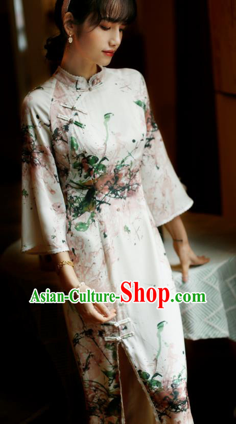 China Classical Printing Silk Cheongsam Costume Traditional Young Lady Qipao Dress China Classical Printing Silk Cheongsam Costume Traditional Young Lady Qipao Dress