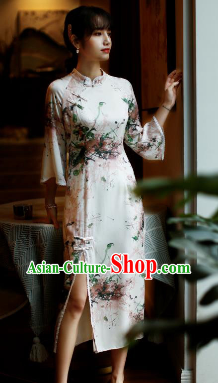 China Classical Printing Silk Cheongsam Costume Traditional Young Lady Qipao Dress China Classical Printing Silk Cheongsam Costume Traditional Young Lady Qipao Dress