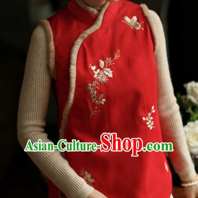 Chinese Traditional Winter Cotton Wadded Waistcoat National Embroidered Red Vest