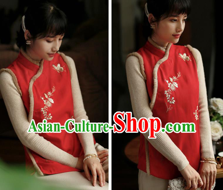 Chinese Traditional Winter Cotton Wadded Waistcoat National Embroidered Red Vest Chinese Traditional Winter Cotton Wadded Waistcoat National Embroidered Red Vest