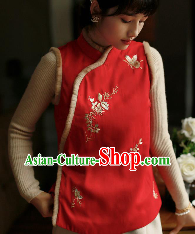 Chinese Traditional Winter Cotton Wadded Waistcoat National Embroidered Red Vest Chinese Traditional Winter Cotton Wadded Waistcoat National Embroidered Red Vest