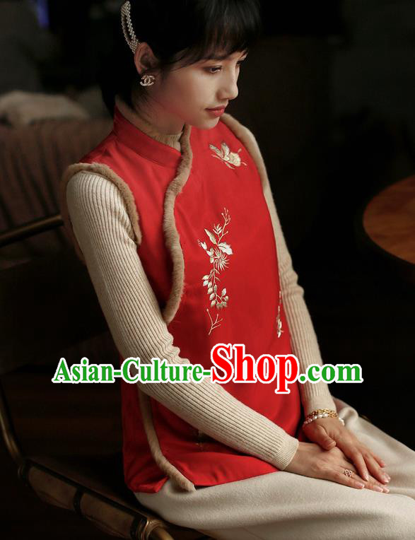 Chinese Traditional Winter Cotton Wadded Waistcoat National Embroidered Red Vest Chinese Traditional Winter Cotton Wadded Waistcoat National Embroidered Red Vest