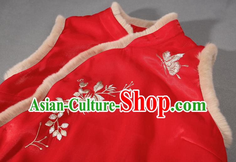 Chinese Traditional Winter Cotton Wadded Waistcoat National Embroidered Red Vest Chinese Traditional Winter Cotton Wadded Waistcoat National Embroidered Red Vest