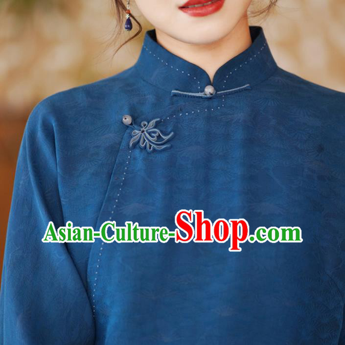 China National Blue Silk Shirt Traditional Jacquard Watered Gauze Blouse Top Garment China National Blue Silk Shirt Traditional Jacquard Watered Gauze Blouse Top Garment