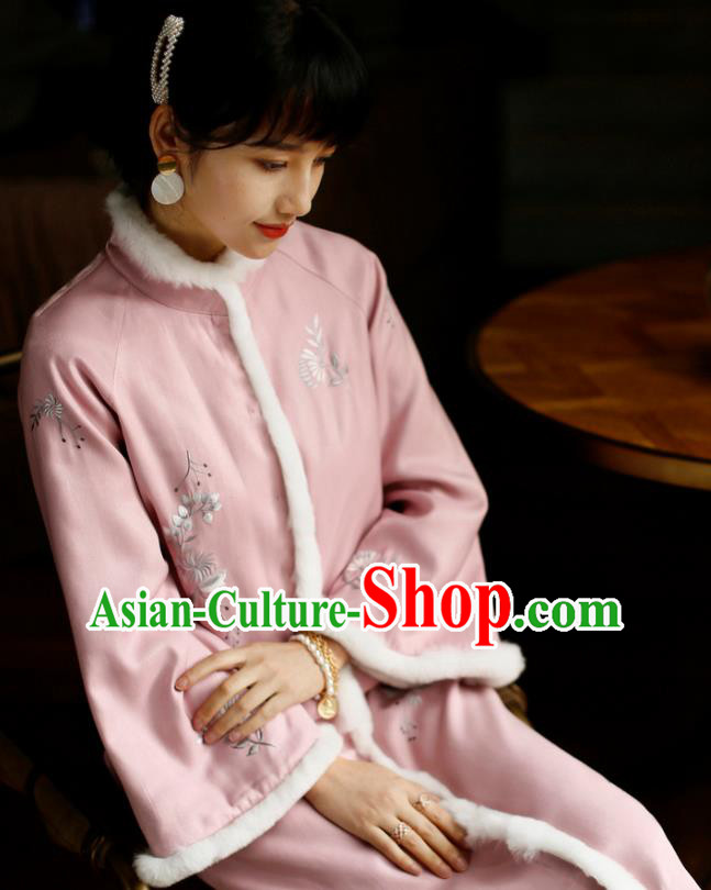 China Winter Pink Cheongsam Costume Traditional Young Lady Embroidered Cotton Wadded Qipao Dress China Winter Pink Cheongsam Costume Traditional Young Lady Embroidered Cotton Wadded Qipao Dress