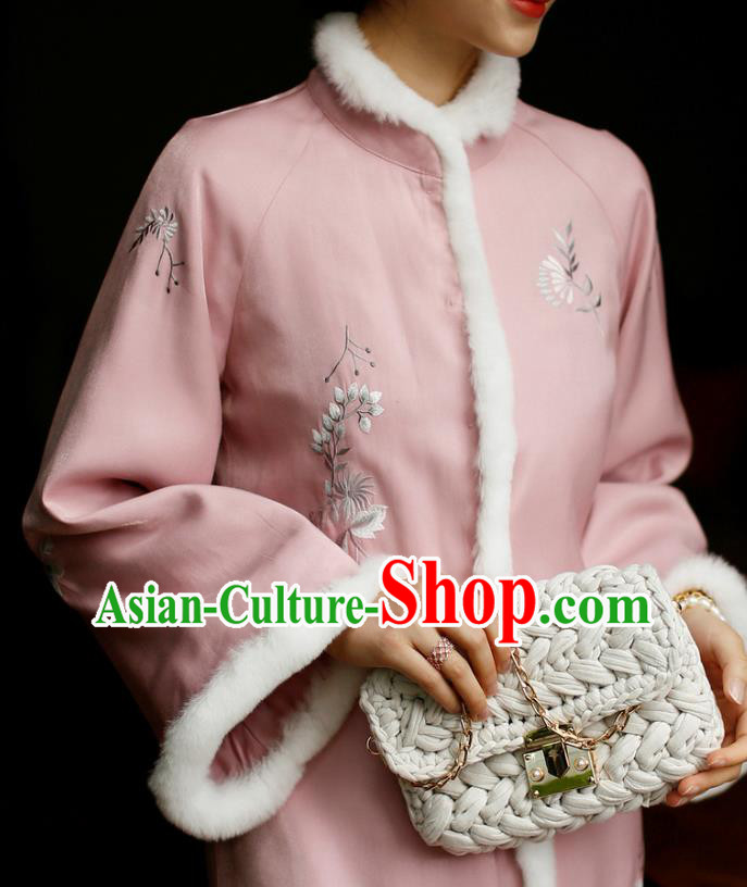 China Winter Pink Cheongsam Costume Traditional Young Lady Embroidered Cotton Wadded Qipao Dress China Winter Pink Cheongsam Costume Traditional Young Lady Embroidered Cotton Wadded Qipao Dress