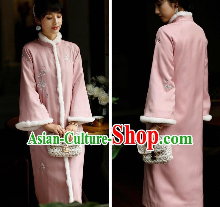 China Winter Pink Cheongsam Costume Traditional Young Lady Embroidered Cotton Wadded Qipao Dress China Winter Pink Cheongsam Costume Traditional Young Lady Embroidered Cotton Wadded Qipao Dress