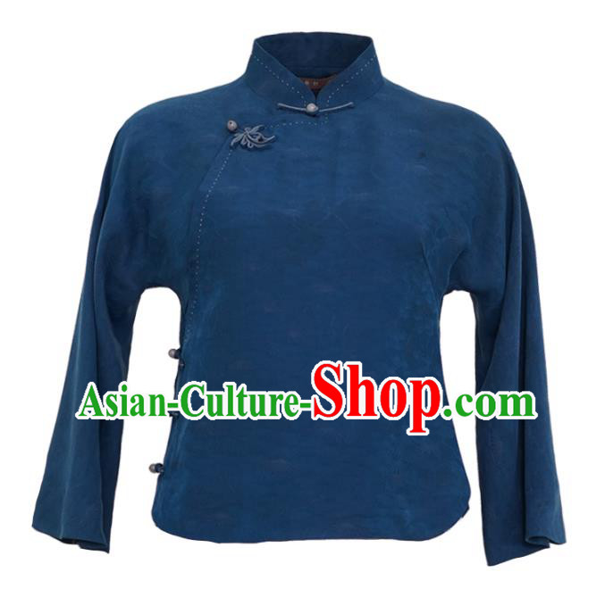 China National Blue Silk Shirt Traditional Jacquard Watered Gauze Blouse Top Garment China National Blue Silk Shirt Traditional Jacquard Watered Gauze Blouse Top Garment