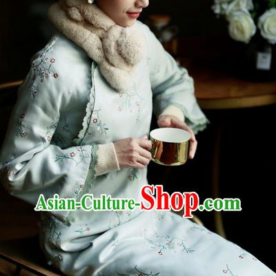 China Winter Cotton Wadded Cheongsam Costume Traditional Young Lady Embroidered Green Qipao Dress