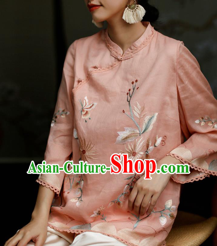 Chinese Classical Cheongsam Upper Outer Garment Traditional Tang Suit Embroidered Pink Flax Shirt Chinese Classical Cheongsam Upper Outer Garment Traditional Tang Suit Embroidered Pink Flax Shirt