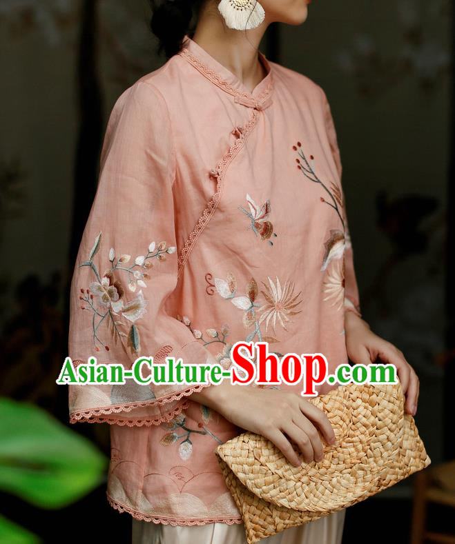 Chinese Classical Cheongsam Upper Outer Garment Traditional Tang Suit Embroidered Pink Flax Shirt Chinese Classical Cheongsam Upper Outer Garment Traditional Tang Suit Embroidered Pink Flax Shirt