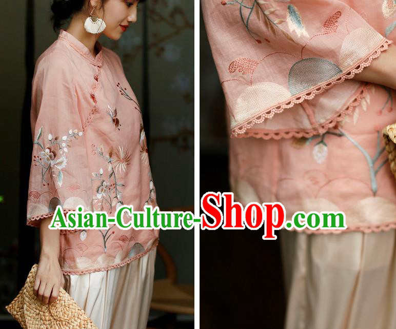 Chinese Classical Cheongsam Upper Outer Garment Traditional Tang Suit Embroidered Pink Flax Shirt Chinese Classical Cheongsam Upper Outer Garment Traditional Tang Suit Embroidered Pink Flax Shirt