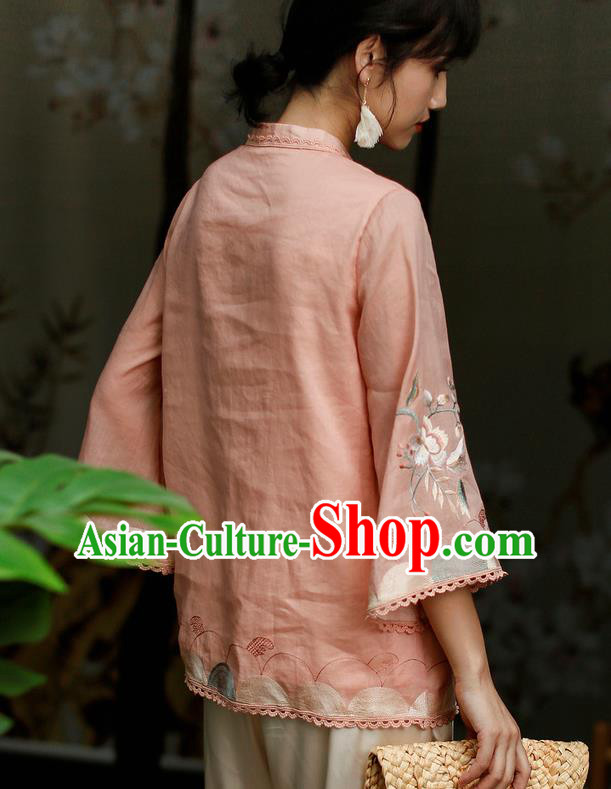 Chinese Classical Cheongsam Upper Outer Garment Traditional Tang Suit Embroidered Pink Flax Shirt Chinese Classical Cheongsam Upper Outer Garment Traditional Tang Suit Embroidered Pink Flax Shirt