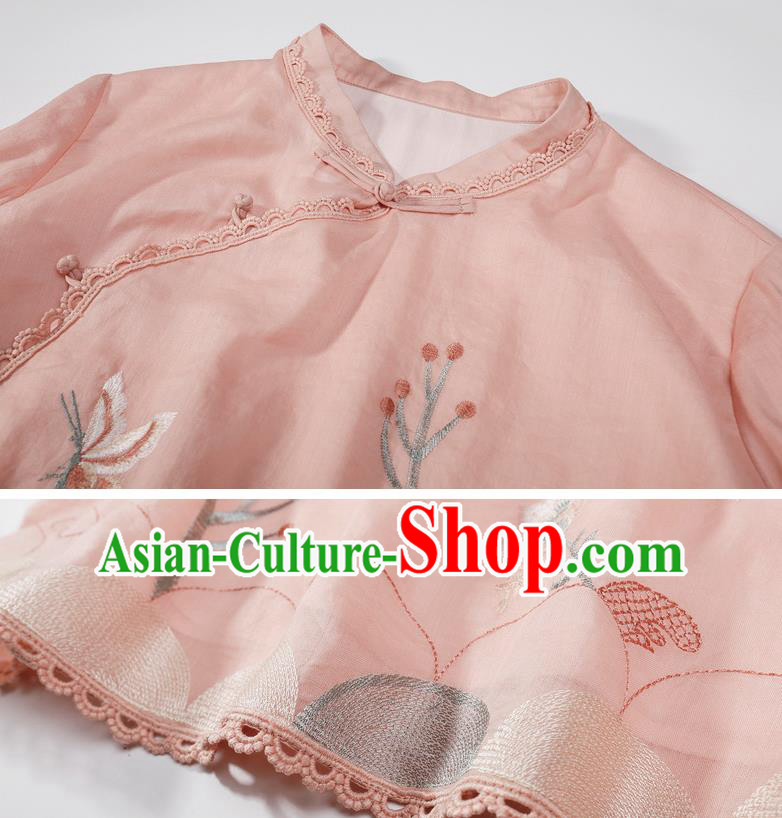 Chinese Classical Cheongsam Upper Outer Garment Traditional Tang Suit Embroidered Pink Flax Shirt Chinese Classical Cheongsam Upper Outer Garment Traditional Tang Suit Embroidered Pink Flax Shirt