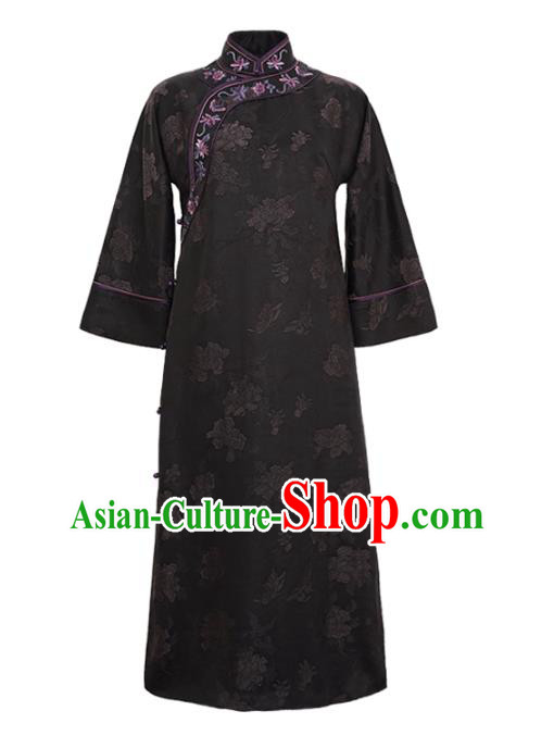 Republic of China Classical Embroidered Black Silk Qipao Dress Traditional Stand Collar Cheongsam Clothing Republic of China Classical Embroidered Black Silk Qipao Dress Traditional Stand Collar Cheongsam Clothing