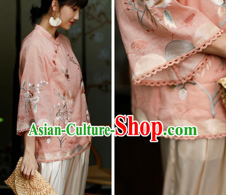 Chinese Traditional Tang Suit Embroidered Pink Flax Shirt Classical Cheongsam Upper Outer Garment Chinese Traditional Tang Suit Embroidered Pink Flax Shirt Classical Cheongsam Upper Outer Garment