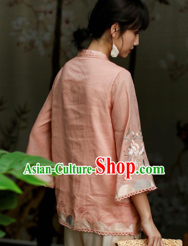 Chinese Traditional Tang Suit Embroidered Pink Flax Shirt Classical Cheongsam Upper Outer Garment Chinese Traditional Tang Suit Embroidered Pink Flax Shirt Classical Cheongsam Upper Outer Garment