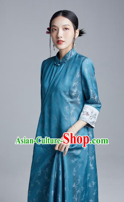 China Classical Embroidered Silk Cheongsam Costume Traditional Young Lady Blue Brocade Qipao Dress China Classical Embroidered Silk Cheongsam Costume Traditional Young Lady Blue Brocade Qipao Dress