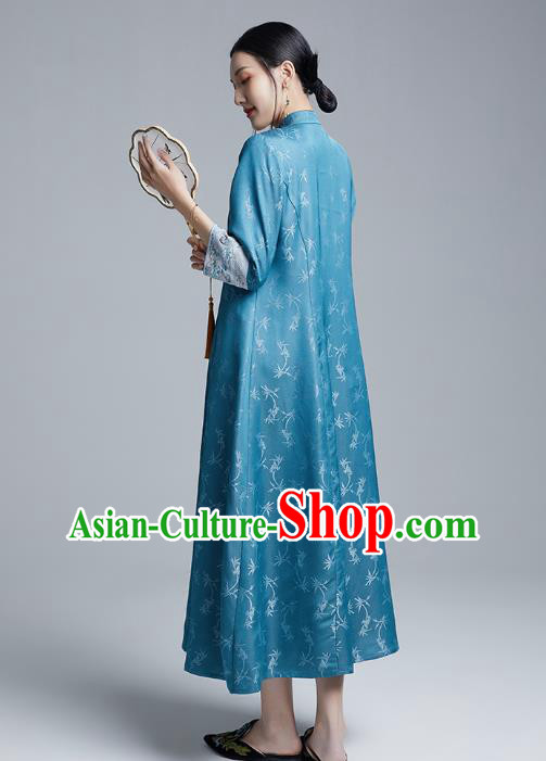 China Classical Embroidered Silk Cheongsam Costume Traditional Young Lady Blue Brocade Qipao Dress China Classical Embroidered Silk Cheongsam Costume Traditional Young Lady Blue Brocade Qipao Dress