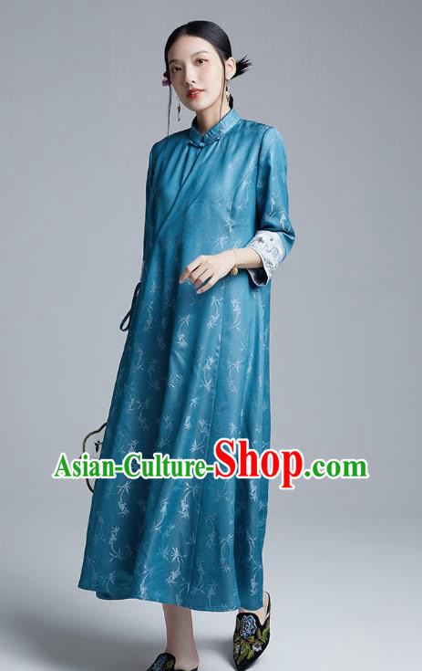 China Classical Embroidered Silk Cheongsam Costume Traditional Young Lady Blue Brocade Qipao Dress China Classical Embroidered Silk Cheongsam Costume Traditional Young Lady Blue Brocade Qipao Dress