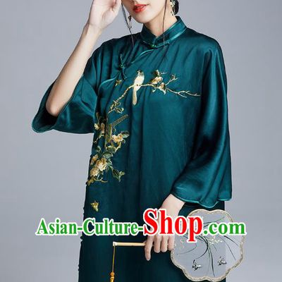 China Classical Embroidered Flowers Bird Cheongsam Costume Traditional Young Lady Atrovirens Silk Qipao Dress