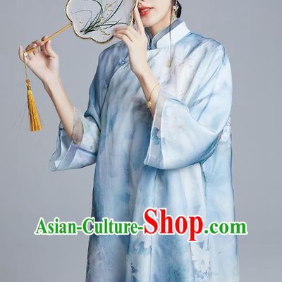 China Classical Loose Cheongsam Costume Traditional Young Lady Printing Peony Blue Organdy Qipao Dress