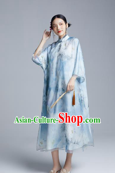 China Classical Loose Cheongsam Costume Traditional Young Lady Printing Peony Blue Organdy Qipao Dress China Classical Loose Cheongsam Costume Traditional Young Lady Printing Peony Blue Organdy Qipao Dress