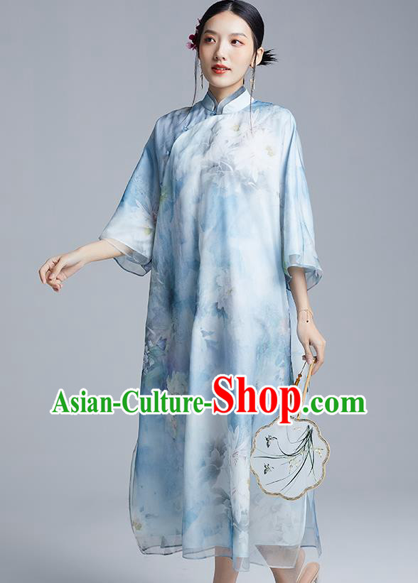 China Classical Loose Cheongsam Costume Traditional Young Lady Printing Peony Blue Organdy Qipao Dress China Classical Loose Cheongsam Costume Traditional Young Lady Printing Peony Blue Organdy Qipao Dress