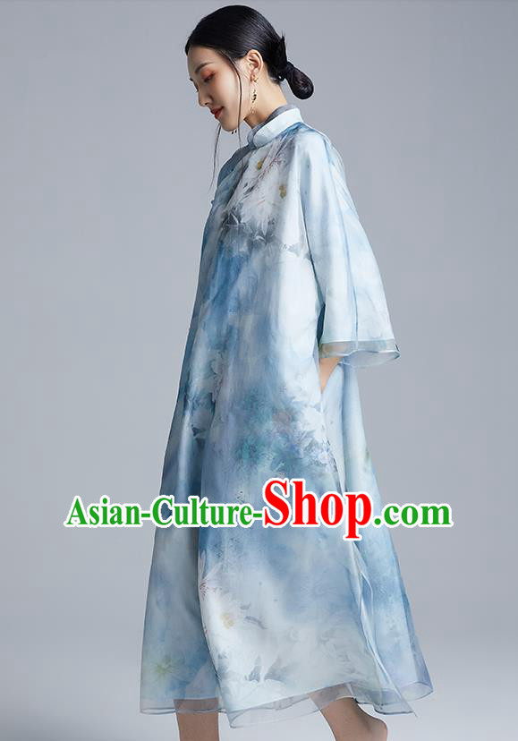 China Classical Loose Cheongsam Costume Traditional Young Lady Printing Peony Blue Organdy Qipao Dress China Classical Loose Cheongsam Costume Traditional Young Lady Printing Peony Blue Organdy Qipao Dress