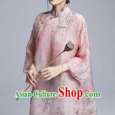China Classical Printing Pink Organdy Cheongsam Costume Traditional Young Lady Loose Qipao Dress