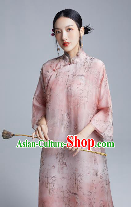 China Classical Printing Pink Organdy Cheongsam Costume Traditional Young Lady Loose Qipao Dress China Classical Printing Pink Organdy Cheongsam Costume Traditional Young Lady Loose Qipao Dress