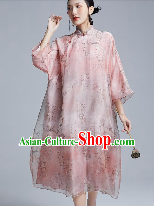 China Classical Printing Pink Organdy Cheongsam Costume Traditional Young Lady Loose Qipao Dress China Classical Printing Pink Organdy Cheongsam Costume Traditional Young Lady Loose Qipao Dress