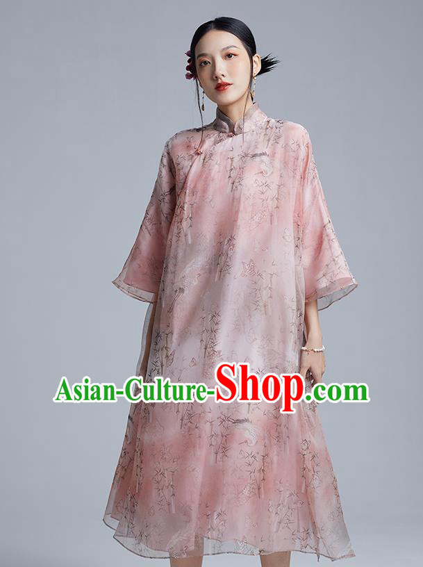 China Classical Printing Pink Organdy Cheongsam Costume Traditional Young Lady Loose Qipao Dress China Classical Printing Pink Organdy Cheongsam Costume Traditional Young Lady Loose Qipao Dress