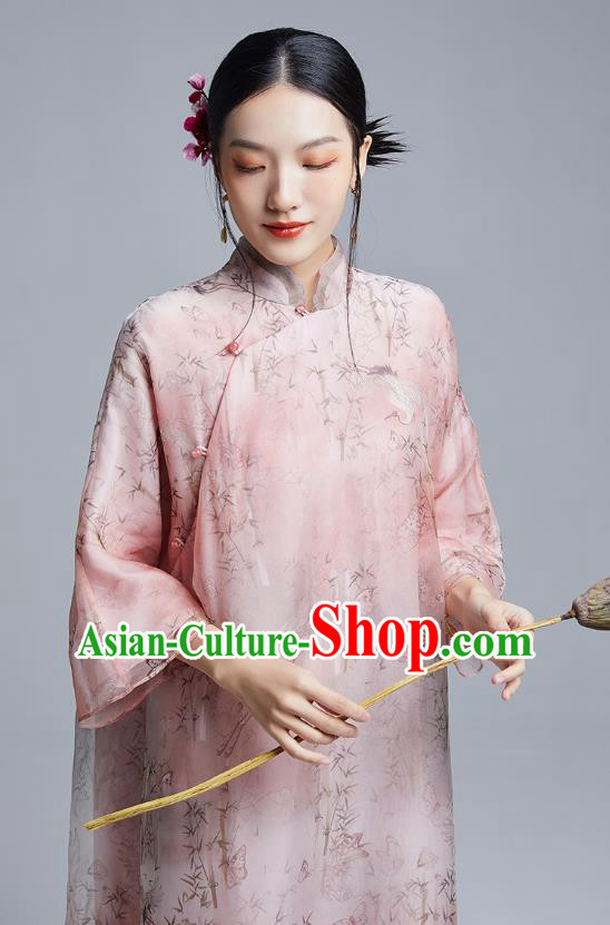 China Classical Printing Pink Organdy Cheongsam Costume Traditional Young Lady Loose Qipao Dress China Classical Printing Pink Organdy Cheongsam Costume Traditional Young Lady Loose Qipao Dress