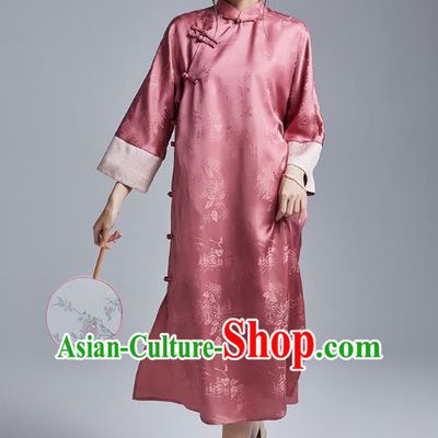 China Classical Deep Pink Silk Cheongsam Costume Traditional Young Lady Loose Brocade Qipao Dress